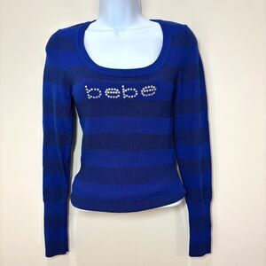 VTG Bebe Blue Striped Sweater Women M Rhinestone Bling Y2K 90s Paris Hilton